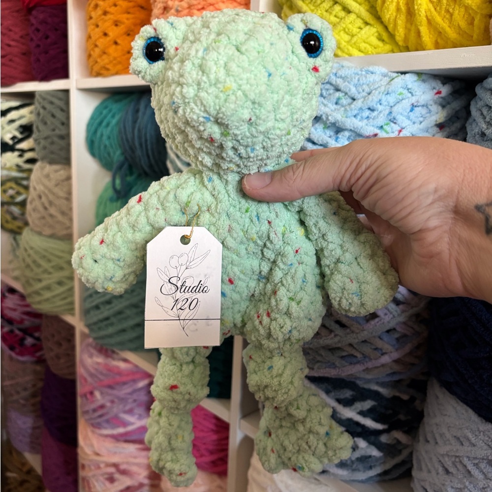 Handmade crochet mini green frog knotted lovey